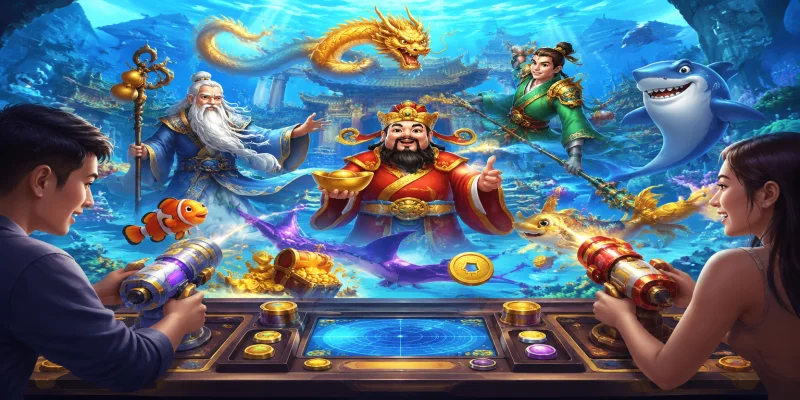 Giao diện sảnh game tam tiên bắn cá sắc nét với sự xuất hiện của ba vị thần tài lộc mang lại may mắn.