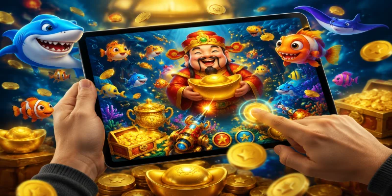 Giao diện sinh động của trò chơi bắn cá thần tài với các biểu tượng tài lộc mang lại may mắn cho ngư thủ